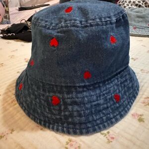 Denim Bucket Hat with Red Hearts